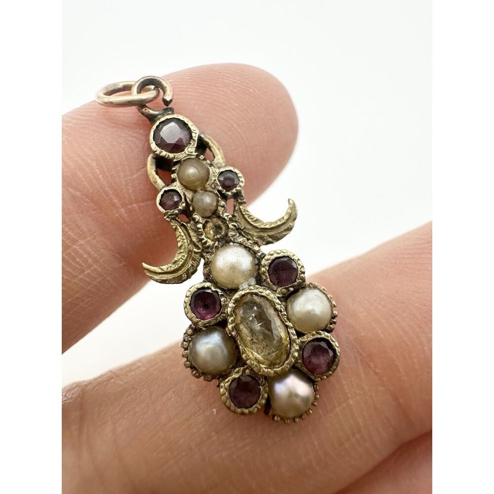 Antique None Standard Gold Pendant Ruby Pearl Citrine - Missing One Pearl